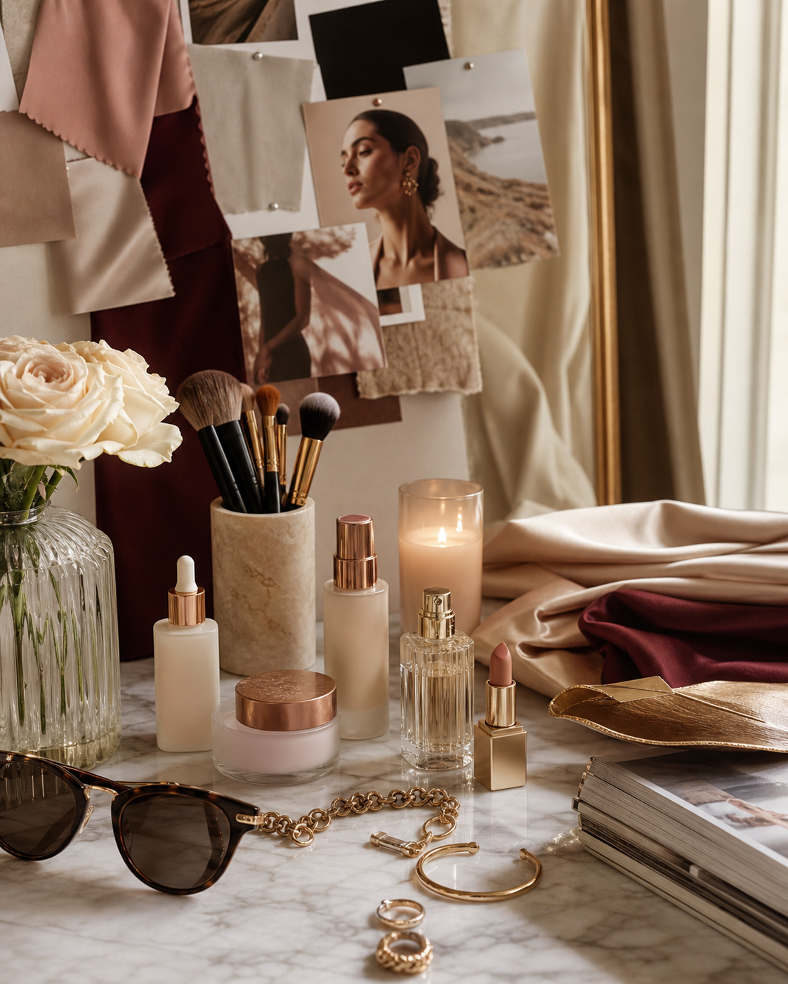 Bancada de mármore com skincare, pincéis, acessórios dourados e tecidos elegantes