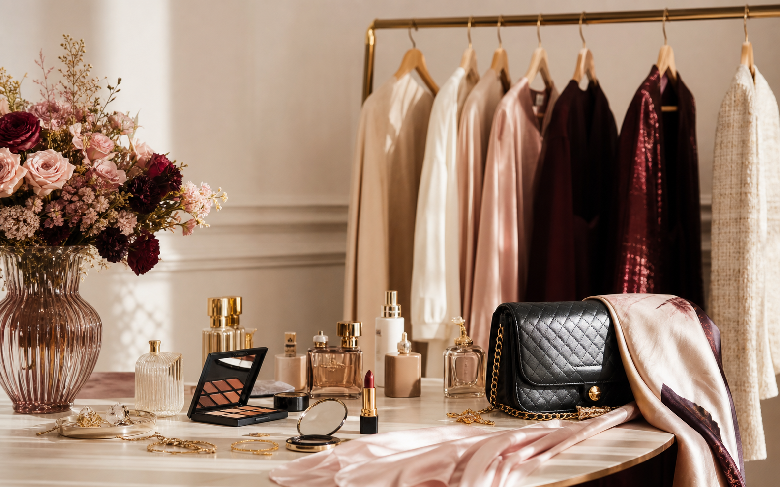 Arara com roupas elegantes, perfumes, maquiagem e acessórios sobre bancada clara