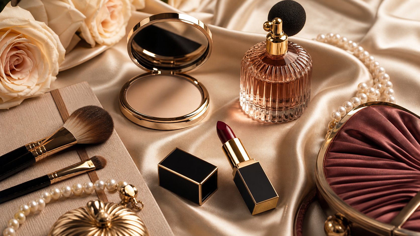 Flat lay de maquiagem com batom vinho, perfume, pérolas e tecido acetinado